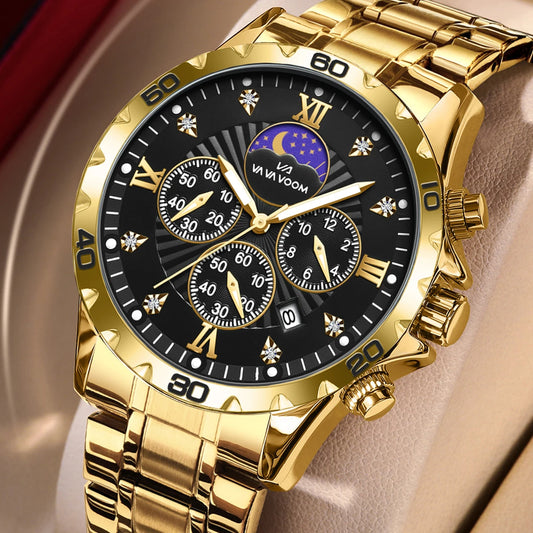 Mens Watch Gold Dial Multi functional Quartz Movement Stainless Steel Waterproof