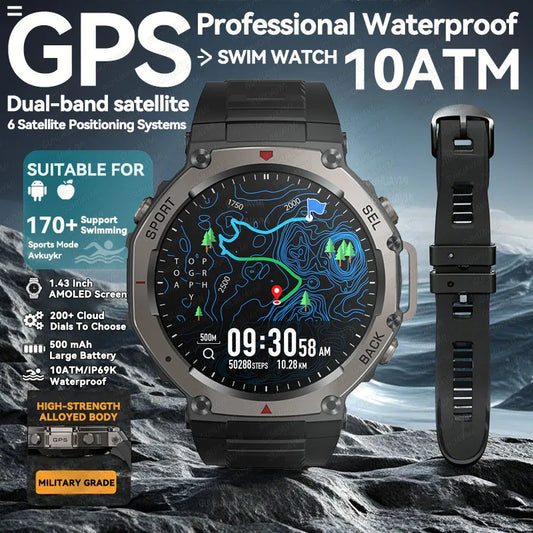 HUIAWE GPS Smart Watch Men 10ATM  Waterproof Smart Watches Compass Altimeter Barometric 1.43'' AMOLED Bracelet