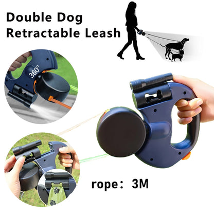 Retractable Dual Doggie Leash with LED Light 360 Swivel